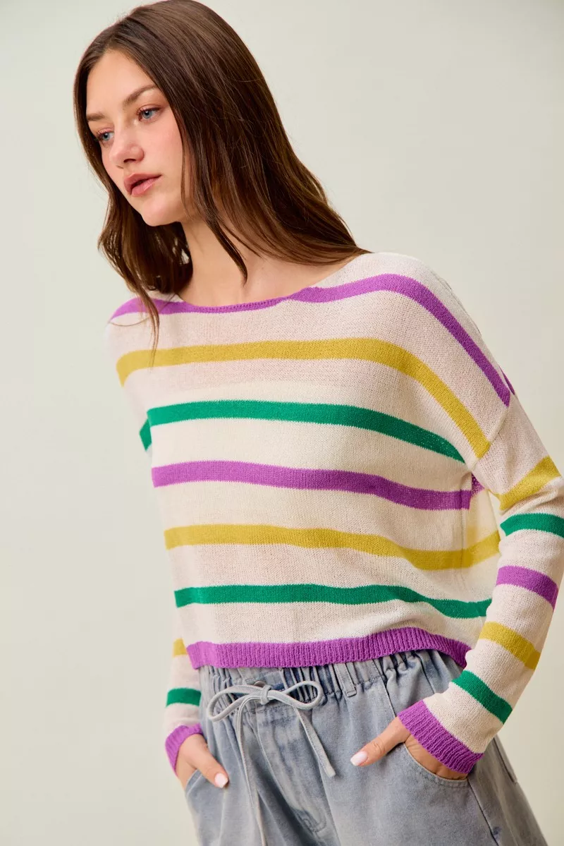 SO ME Mardi Gras Color Stripe Lightweight Sweater Top - Image 17