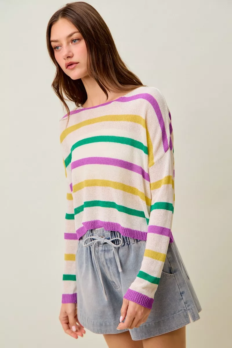 SO ME Mardi Gras Color Stripe Lightweight Sweater Top - Image 18