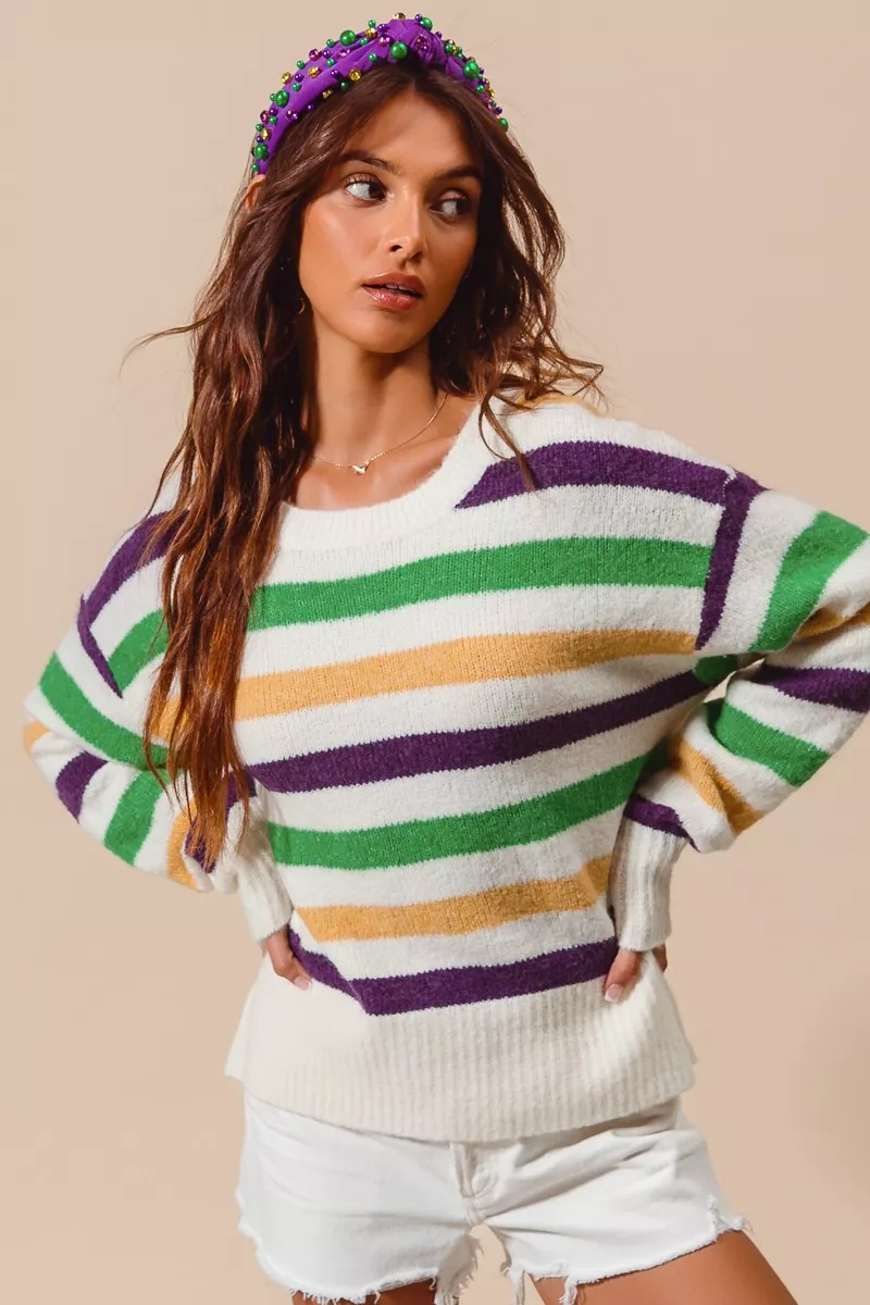 SO ME Mardi Gras Color Stripe Round Neck Sweater Top - Image 2
