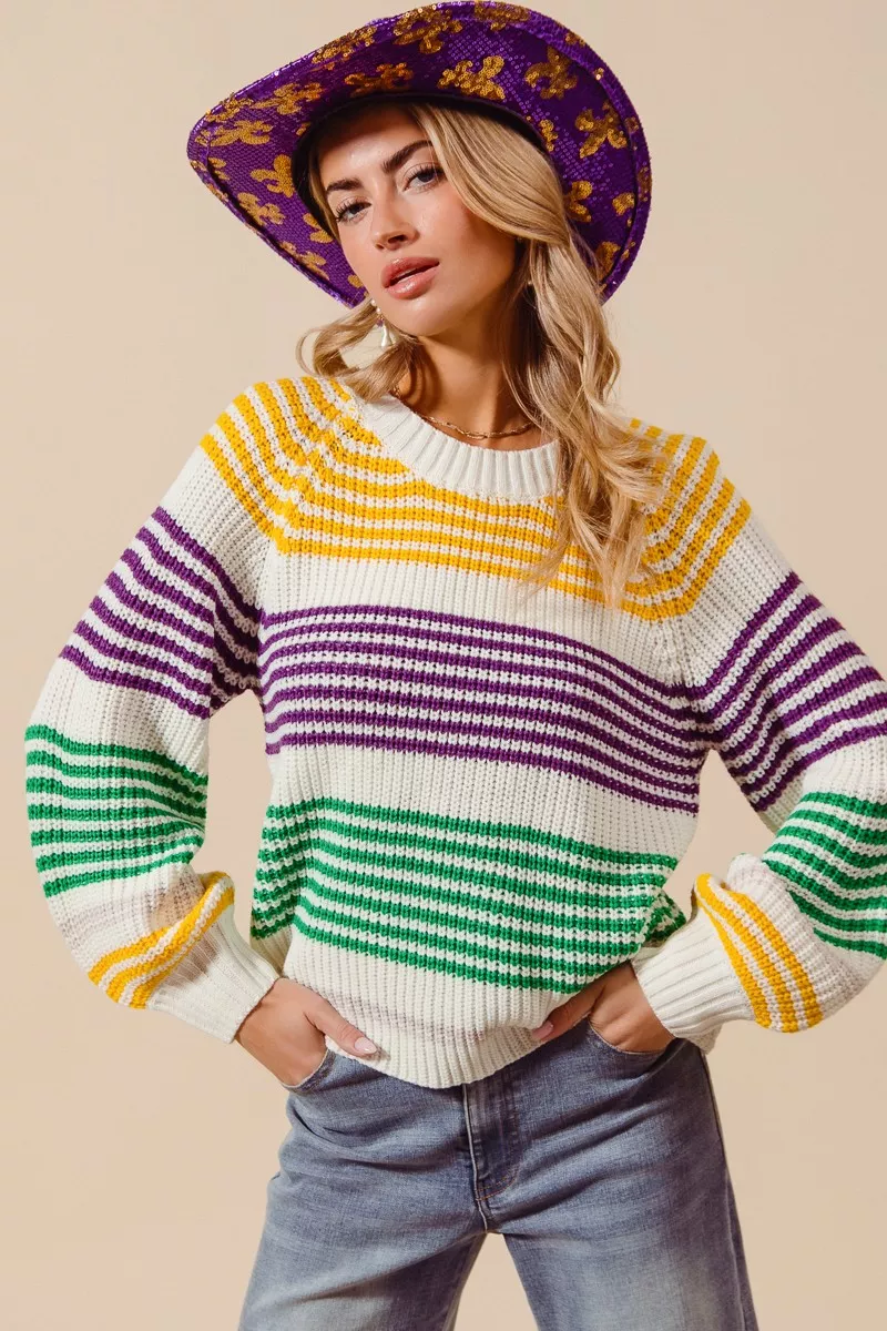 SO ME Mardi Gras Color Striped Raglan Sweater Top - Image 2