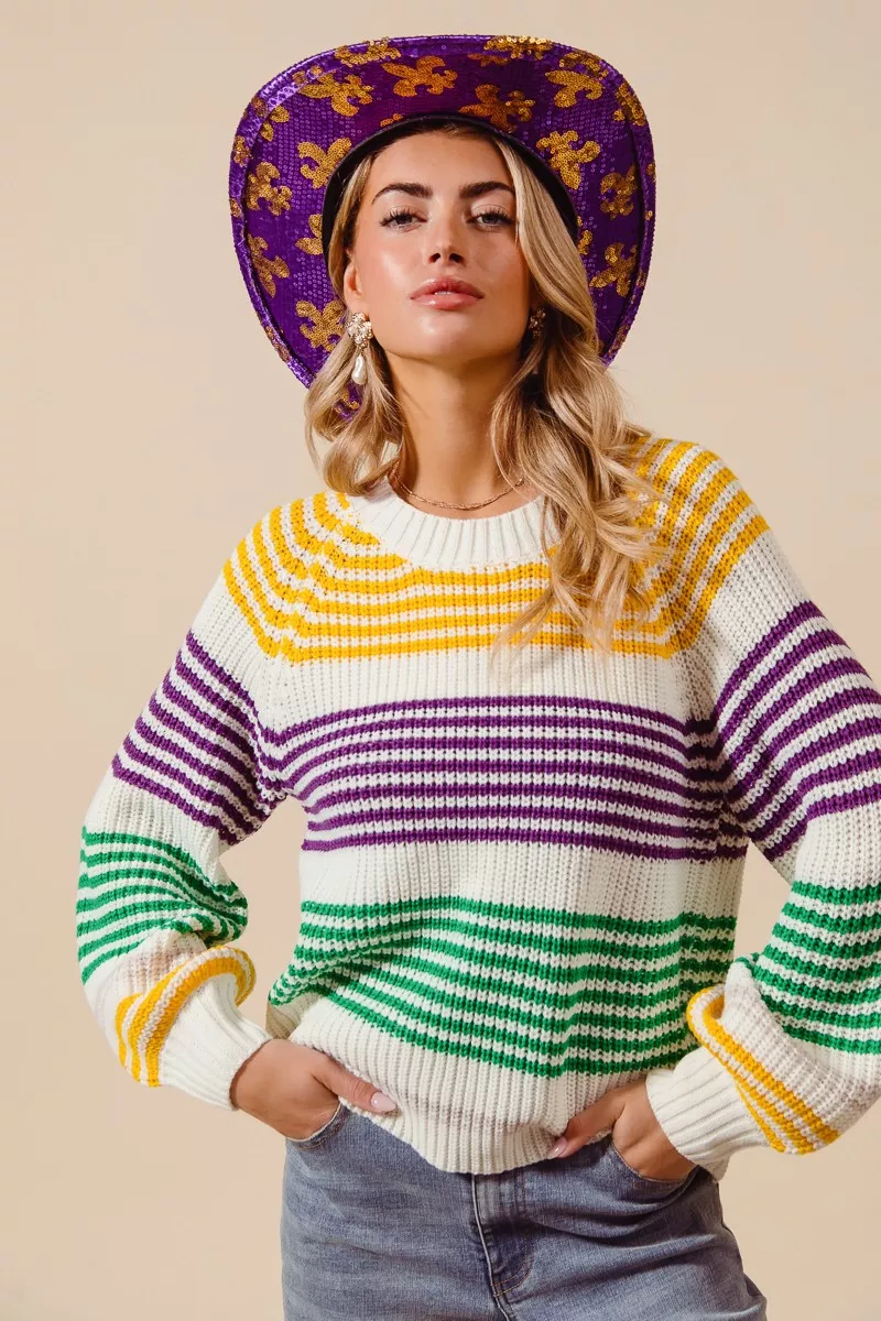 SO ME Mardi Gras Color Striped Raglan Sweater Top - Image 3