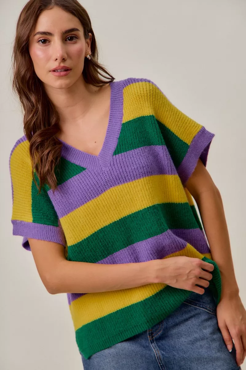 SO ME Mardi Gras Loose Fit V Neck Stripe Sweater Top - Image 15