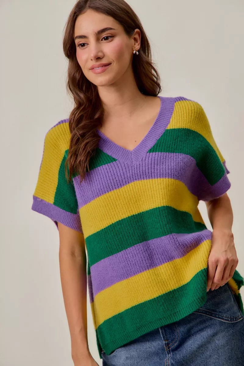 SO ME Mardi Gras Loose Fit V Neck Stripe Sweater Top - Image 2