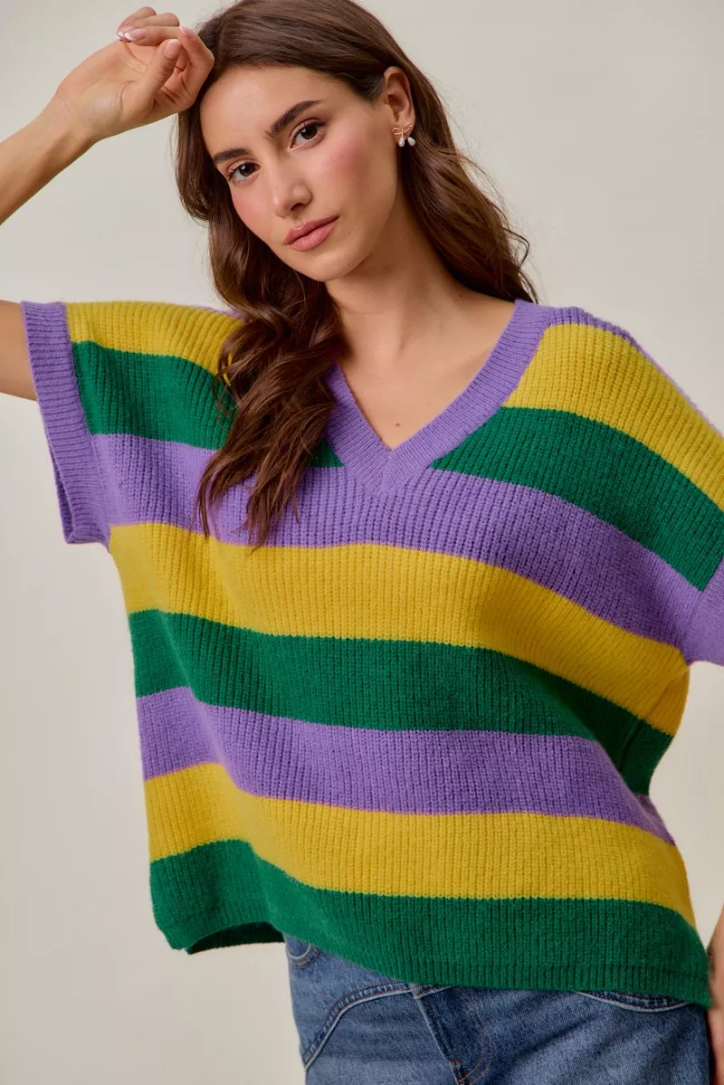 SO ME Mardi Gras Loose Fit V Neck Stripe Sweater Top - Image 3