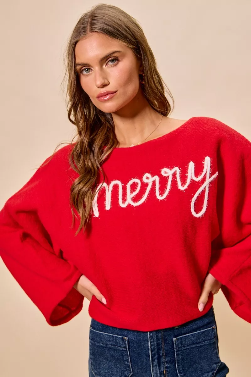 SO ME Merry Tinsel Lettering Christmas Sweater Top - Image 2