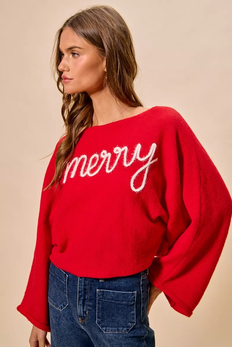 SO ME Merry Tinsel Lettering Christmas Sweater Top - Image 3