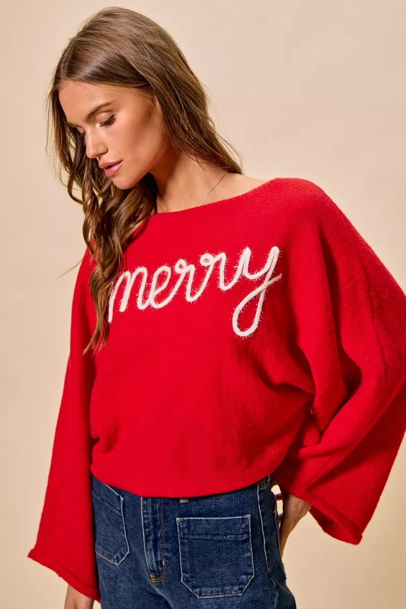 SO ME Merry Tinsel Lettering Christmas Sweater Top - Image 5