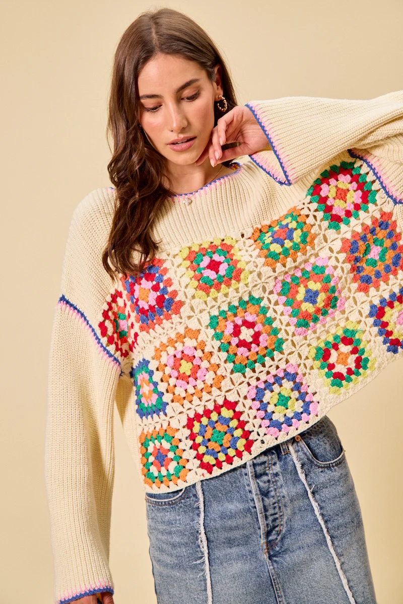 SO ME Multi Color Granny Crochet Lace Sweater Top - Image 13