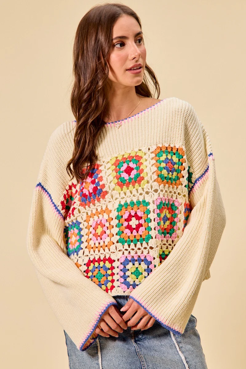 SO ME Multi Color Granny Crochet Lace Sweater Top - Image 15
