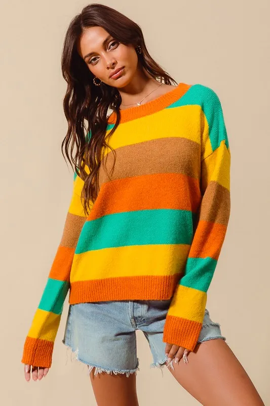 SO ME Multi Color Stripe Sweater with Ribbed Detail - Image 8