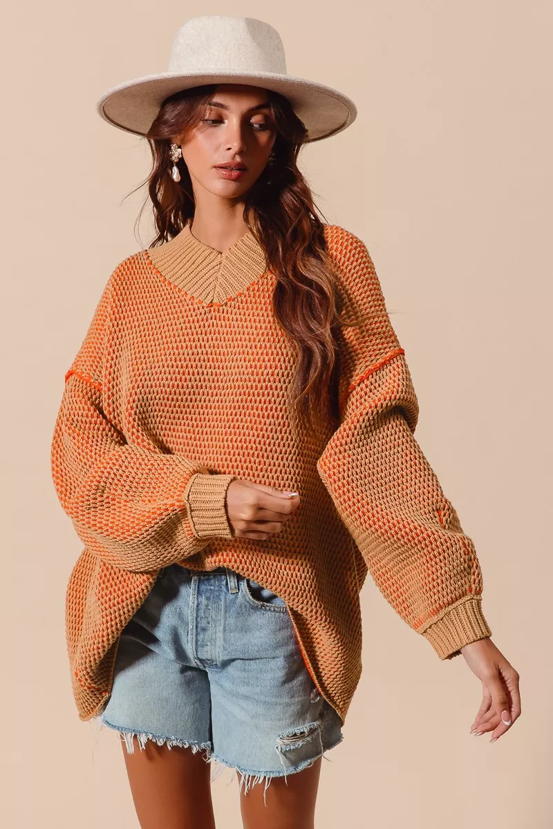 SO ME Oversized Two Tone Textured V Neck Sweater - Image 3