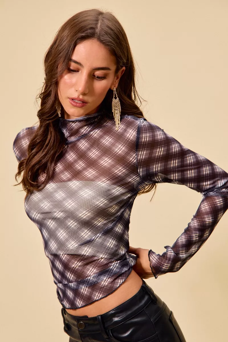 SO ME Plaid Mesh Knit Long Sleeve Top with Thumb Opening - Image 2