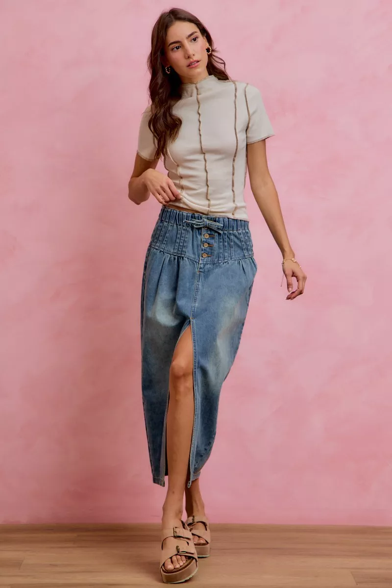 SO ME Pleated Washed Denim Skirt With Front Slit - Image 5
