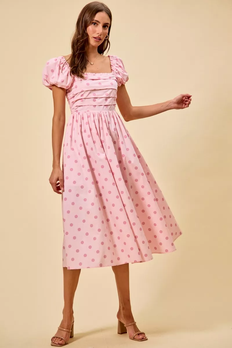 SO ME Polka Cotton Print Short Sleeves Midi Dress - Image 5