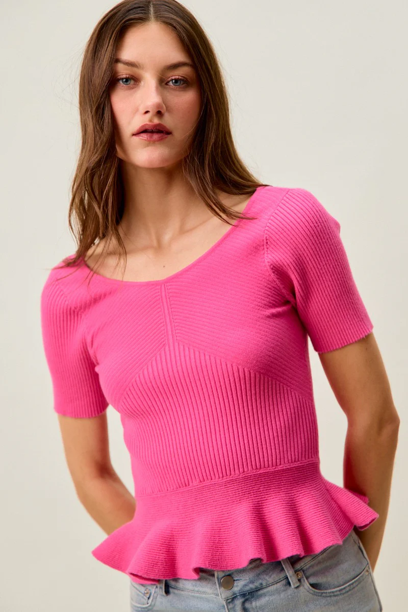 SO ME Ribbed Knit Short Sleeves Peplum Sweater Top - Image 22