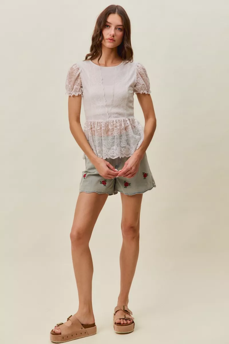SO ME Rose Embroidery High Rise Scallop Hem Denim Shorts - Image 10