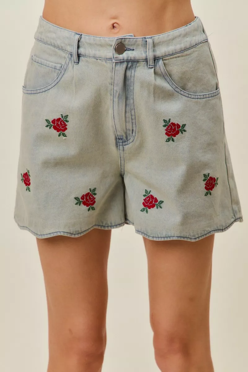 SO ME Rose Embroidery High Rise Scallop Hem Denim Shorts - Image 4