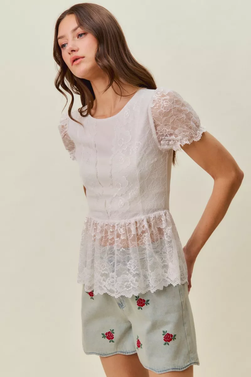 SO ME Rose Embroidery High Rise Scallop Hem Denim Shorts - Image 8