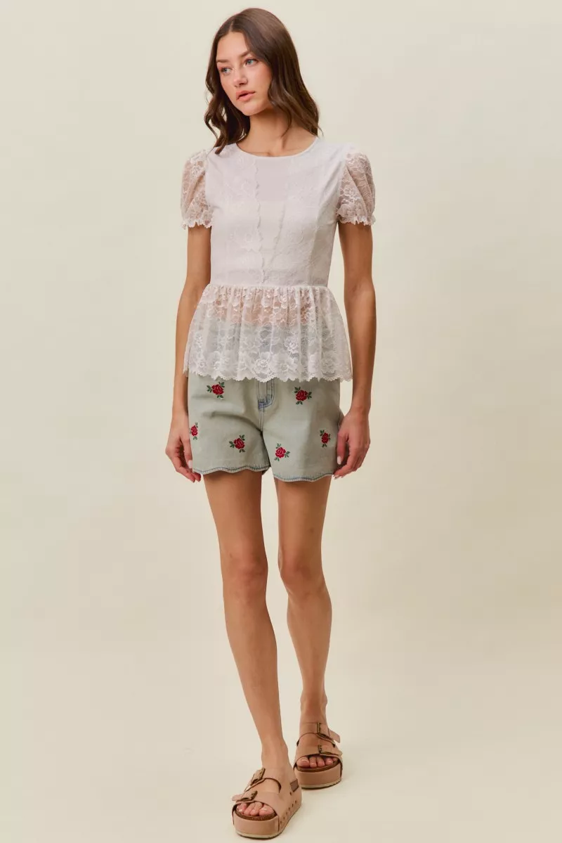 SO ME Rose Embroidery High Rise Scallop Hem Denim Shorts - Image 9