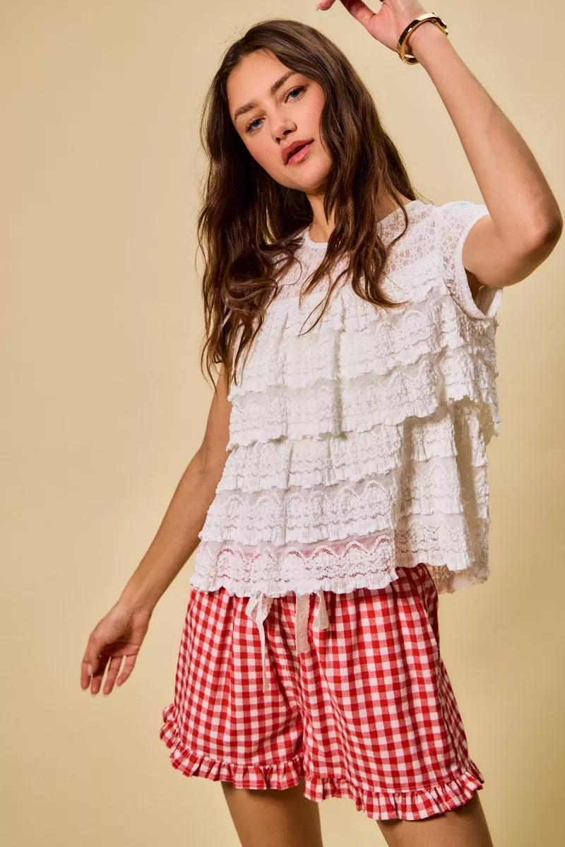 SO ME Ruffle Tiered Stretch Lace Short Sleeves Knit Top - Image 10