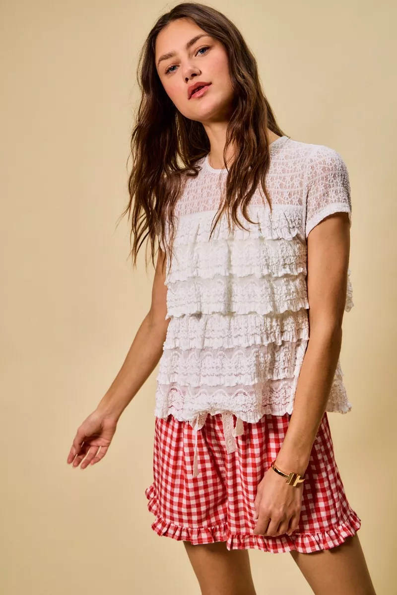 SO ME Ruffle Tiered Stretch Lace Short Sleeves Knit Top - Image 11