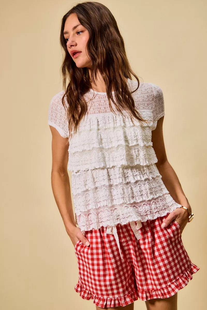 SO ME Ruffle Tiered Stretch Lace Short Sleeves Knit Top - Image 13