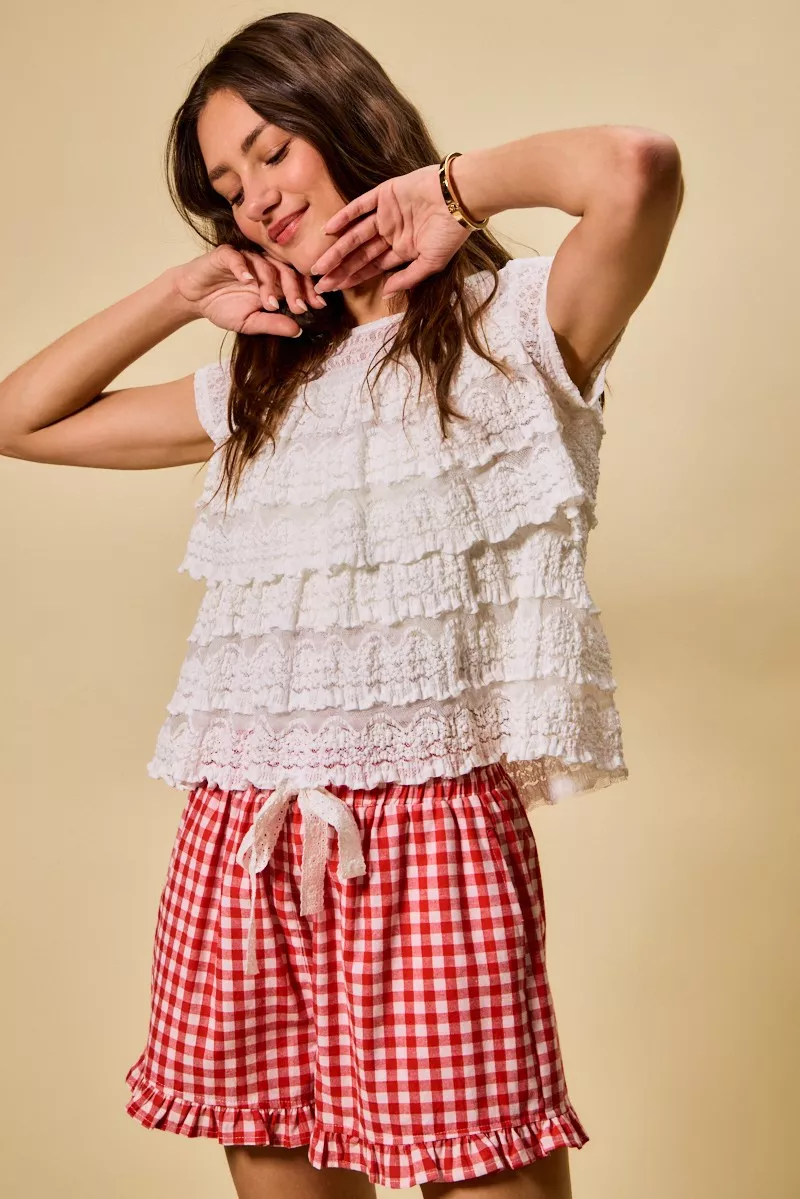 SO ME Ruffle Tiered Stretch Lace Short Sleeves Knit Top - Image 15