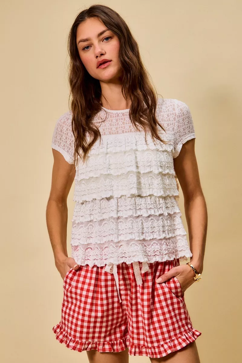 SO ME Ruffle Tiered Stretch Lace Short Sleeves Knit Top - Image 16