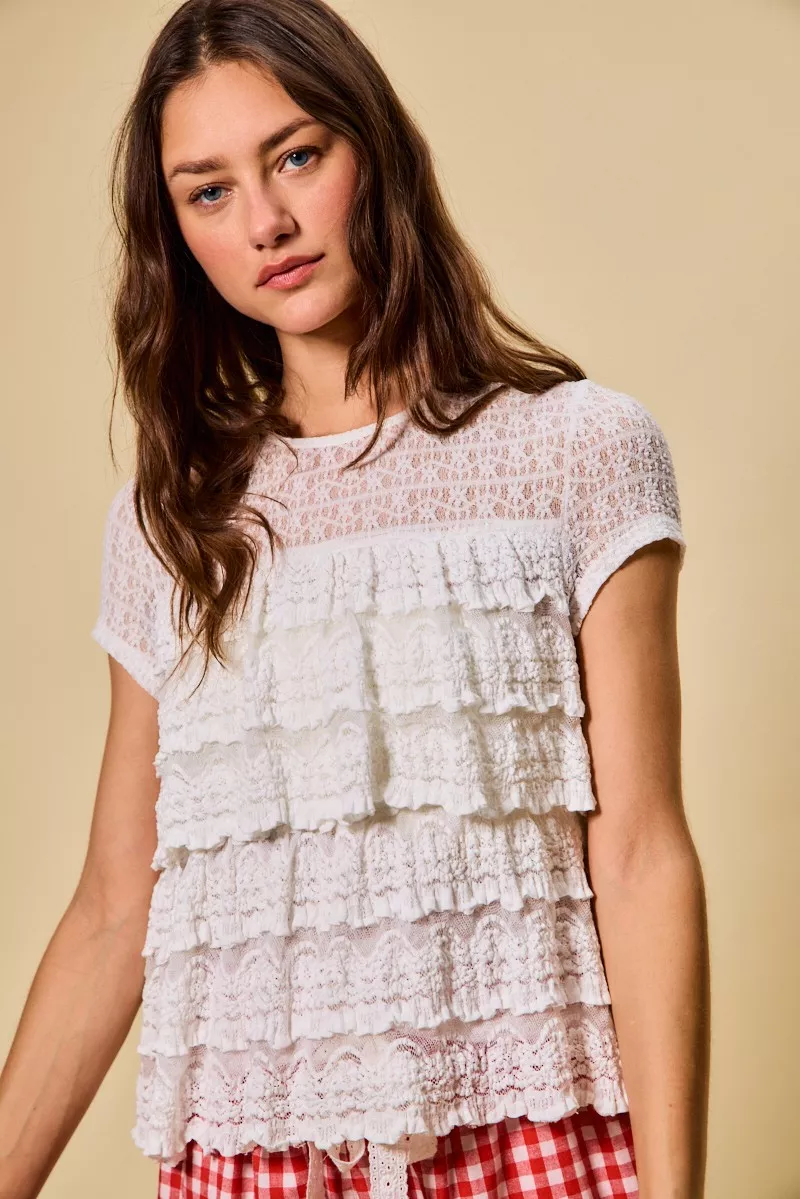 SO ME Ruffle Tiered Stretch Lace Short Sleeves Knit Top - Image 3