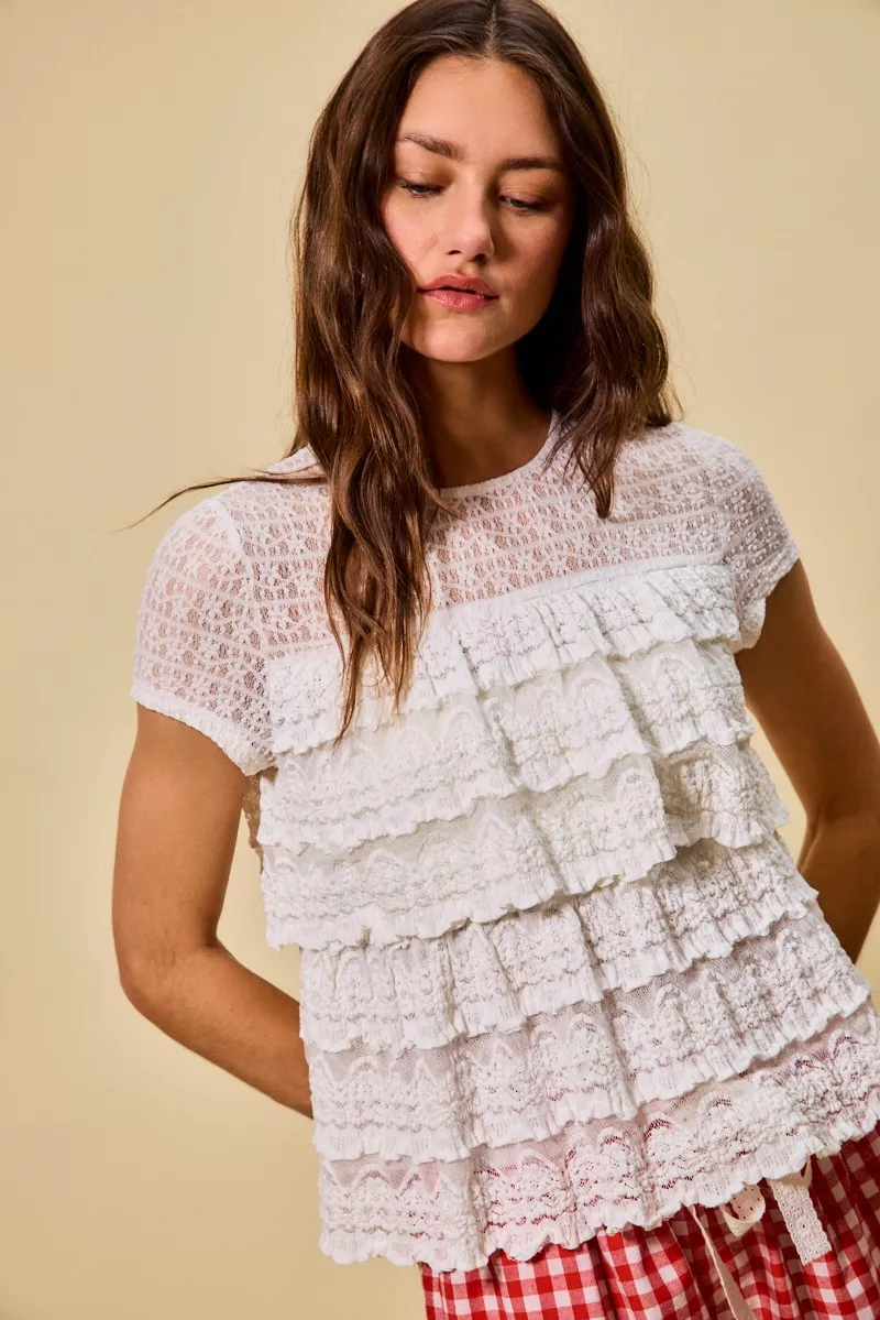 SO ME Ruffle Tiered Stretch Lace Short Sleeves Knit Top - Image 8