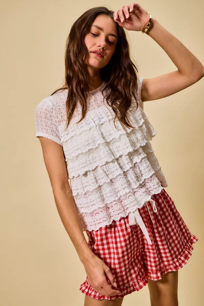 SO ME Ruffle Tiered Stretch Lace Short Sleeves Knit Top - Image 9