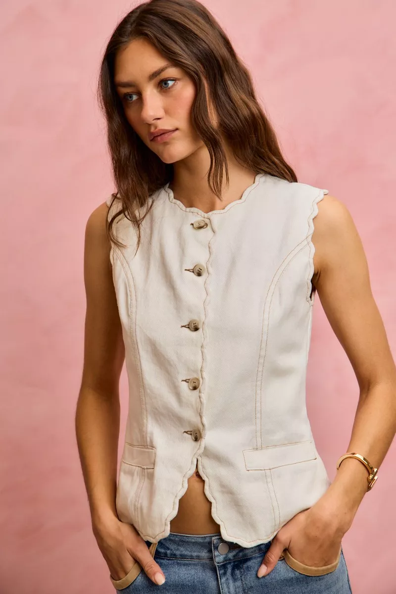 SO ME Scalloped Edge Cotton Twill Washed Vest Top - Image 10