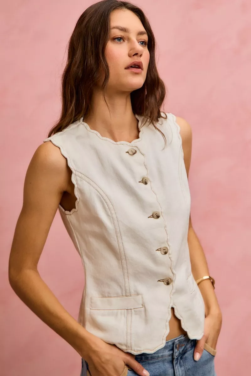 SO ME Scalloped Edge Cotton Twill Washed Vest Top - Image 11