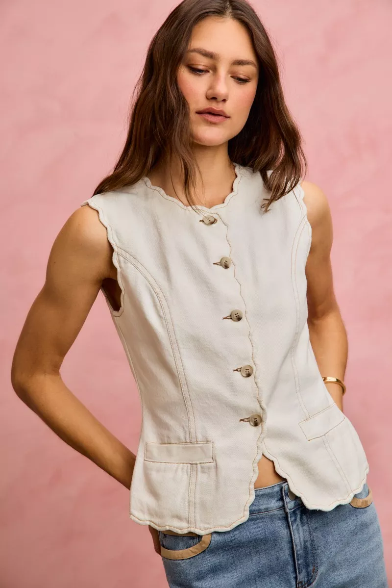 SO ME Scalloped Edge Cotton Twill Washed Vest Top - Image 12
