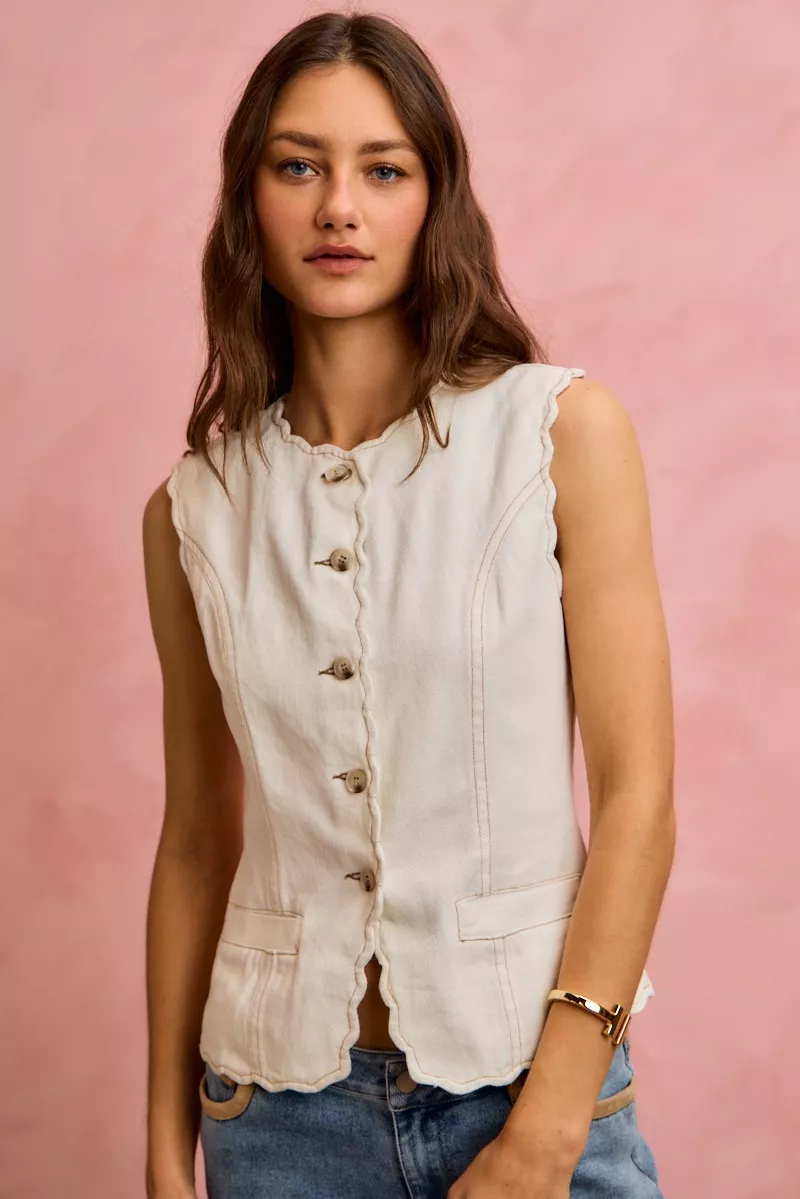 SO ME Scalloped Edge Cotton Twill Washed Vest Top - Image 13
