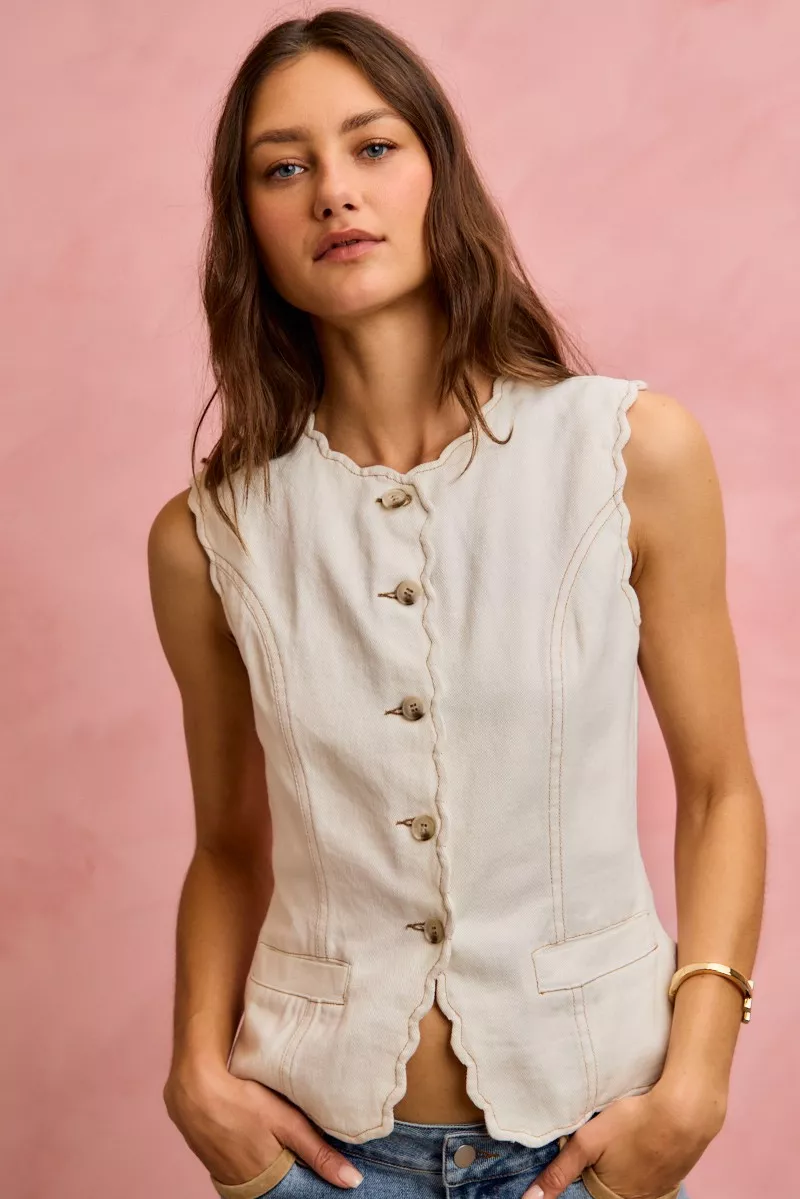 SO ME Scalloped Edge Cotton Twill Washed Vest Top - Image 14