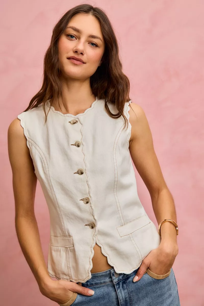 SO ME Scalloped Edge Cotton Twill Washed Vest Top - Image 16