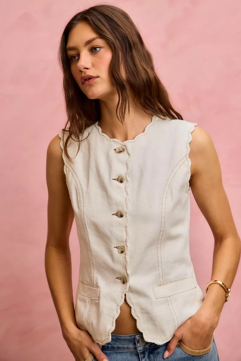 SO ME Scalloped Edge Cotton Twill Washed Vest Top - Image 3