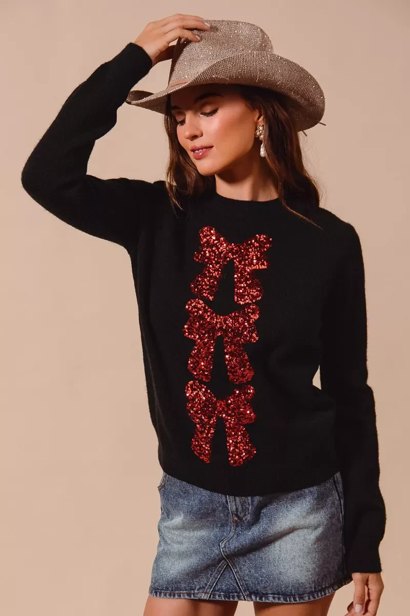 SO ME Sequins Bow Ribbon Embellished Christmas Sweater - Image 2