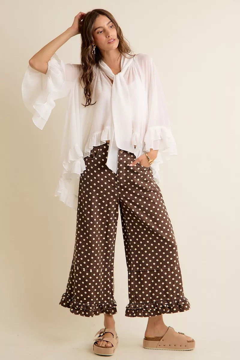 SO ME Sheer Ruffle Bell Sleeves Bow Tie Flowy Blouse Top - Image 17