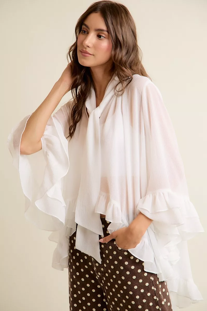 SO ME Sheer Ruffle Bell Sleeves Bow Tie Flowy Blouse Top - Image 6