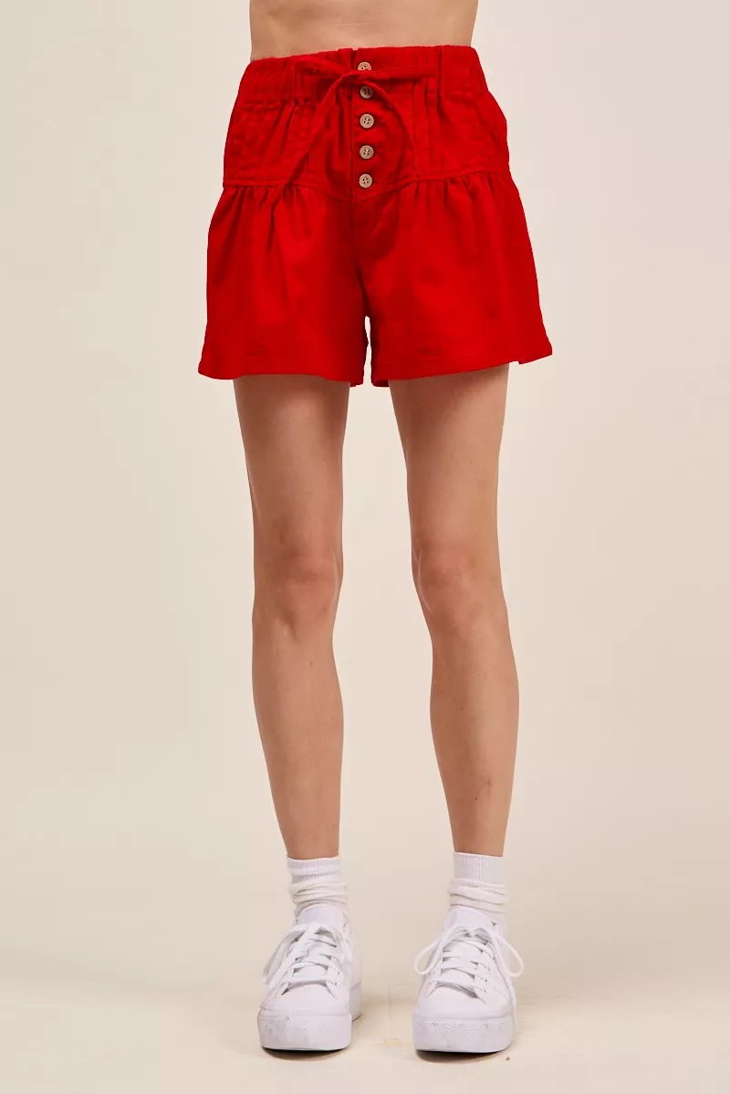 SO ME Solid Twill Denim Pintucked Buttoned Shorts With Waist Tie - Image 4