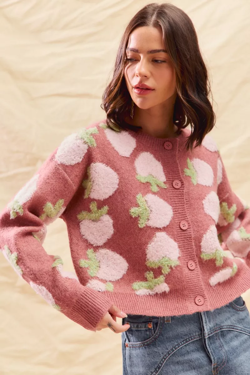 SO ME Strawberry Fruit All Over Button Sweater Cardigan - Image 14