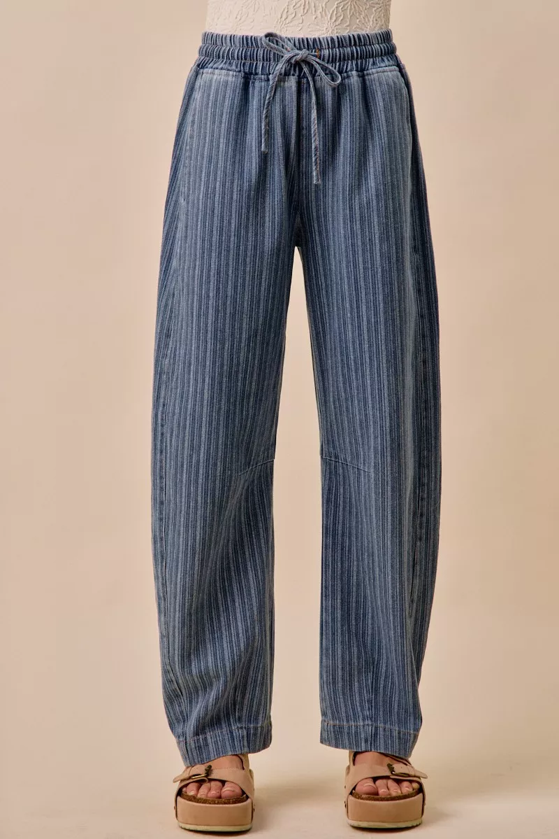SO ME Stripe Denim Barrel Jeans Drawstring Waistband