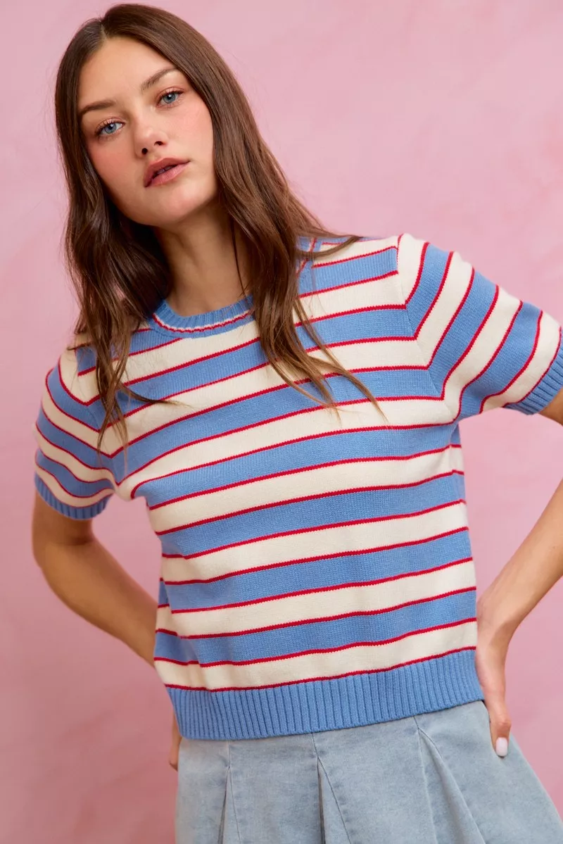 SO ME Stripe Knit Crew Neck Short Sleeves Sweater Top - Image 4