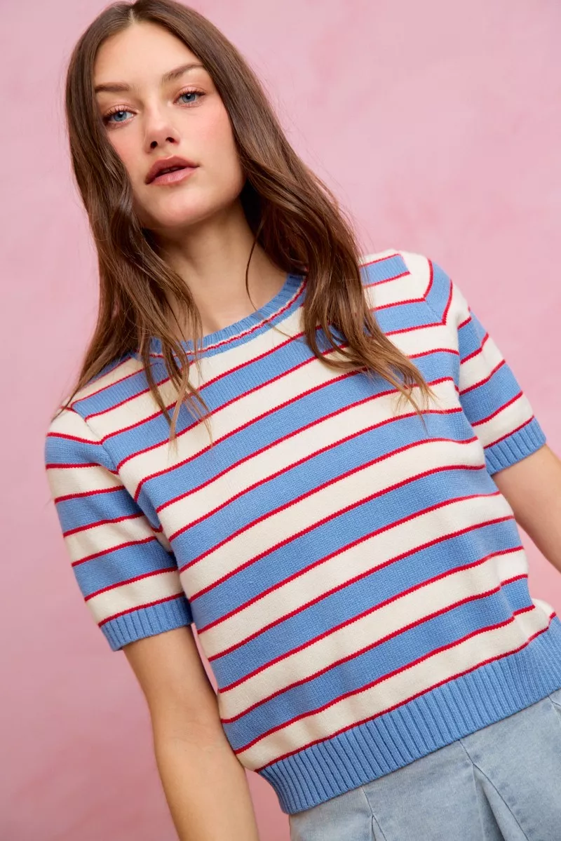 SO ME Stripe Knit Crew Neck Short Sleeves Sweater Top - Image 5