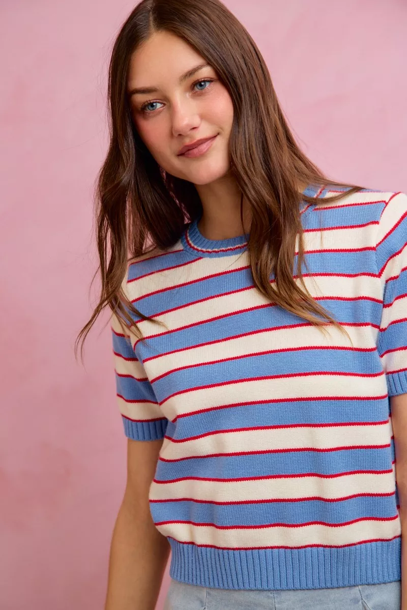 SO ME Stripe Knit Crew Neck Short Sleeves Sweater Top - Image 6