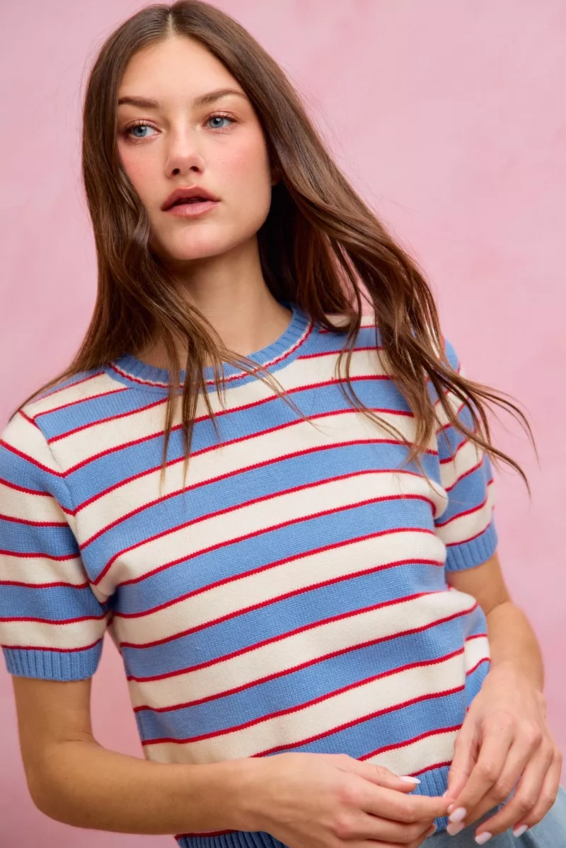 SO ME Stripe Knit Crew Neck Short Sleeves Sweater Top - Image 8