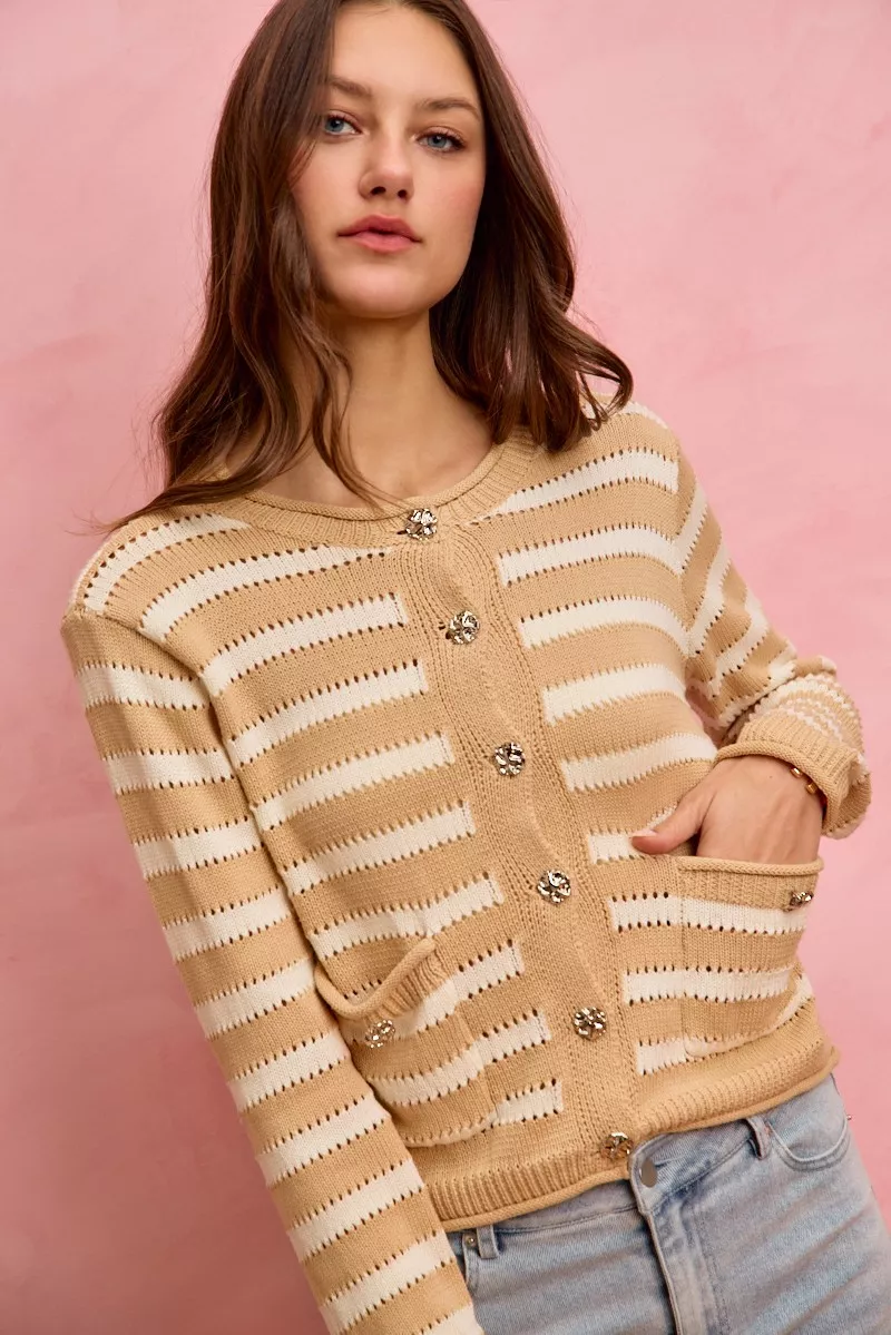 SO ME Stripe Long Sleeves Button Sweater Cardigan - Image 16