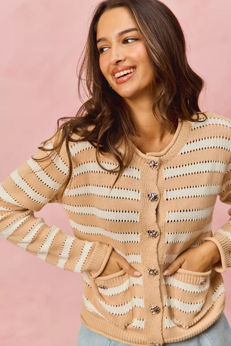 SO ME Stripe Long Sleeves Button Sweater Cardigan - Image 2